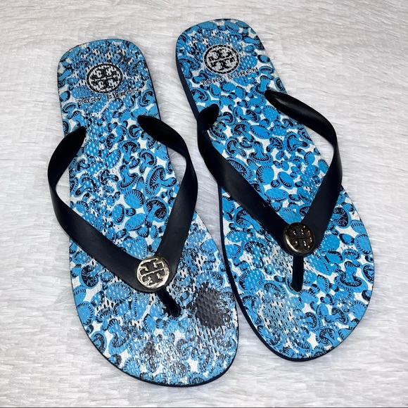 Tory Burch Shoes - TORY BURCH Designer Blue Navy Mushroom Pattern Flip Flops 9 Thong Sandal